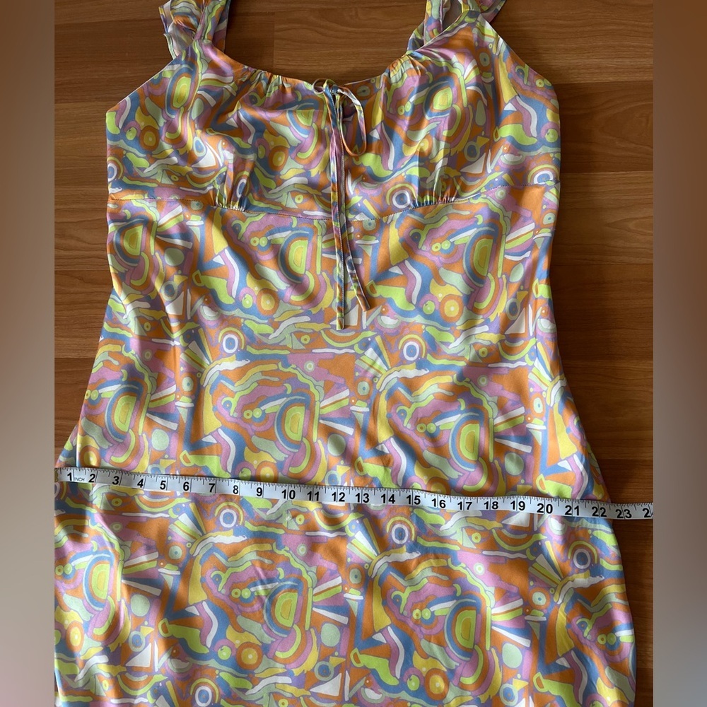 Olivia Rubin Amaya Abstract Print Midi Slip Multicolor Ruffle Dress Size 14 - Picture 7 of 15